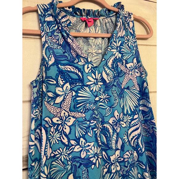 Lilly Pulitzer Size XS Sleeveless Dress Ruffled Collar Easy Comfy Blue Print - Picture 8 of 8